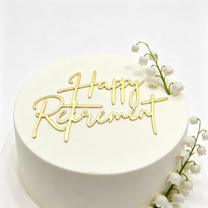 Happy Retirement Cake Topper, Gold Acrylic Officially Retired Cake Topper Cake Charm Decor, No Work Zone, Retirement Theme Party Cake Decoration Supplies for Women or Men, 5.1x4.0 Inches