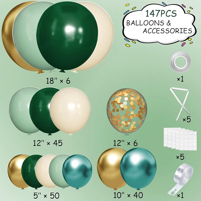 MEBAY Green Gold White Balloon Arch Kit, 147PCS Dark Green Ivory Gold Metallic Pastel Green Balloons Garland for Birthday Wedding Baby Bridal Shower Party Decorations