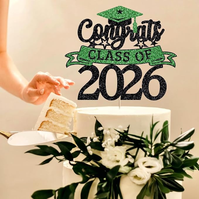 Glitter Class of 2026 Cake Topper，Congrats Grad Decorations， 2026 Happy Graduation High School/College/University Graduation Party Supplies