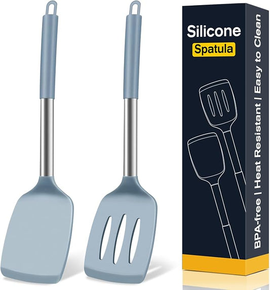 2 Pack Silicone Spatula Set, Solid & Slotted Turner for Non-Stick Pans, High Heat Resistant Silicone Spatula for Cooking, BPA-Free Stainless Steel Cooking Utensils for Fish, Eggs, Pancakes, Blue
