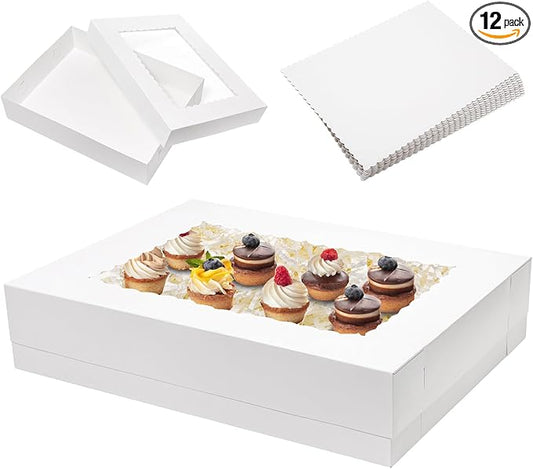 Mefleet 6pcs 19x14x4 Half Sheet Cake Boxes with 6pcs Cake Boards Rectangle 1/2 Sheet Bakery Boxes with Window for Pastry Baking Cake, Cupcakes, Donuts, Cookies, Pie Treat Packaging White Large