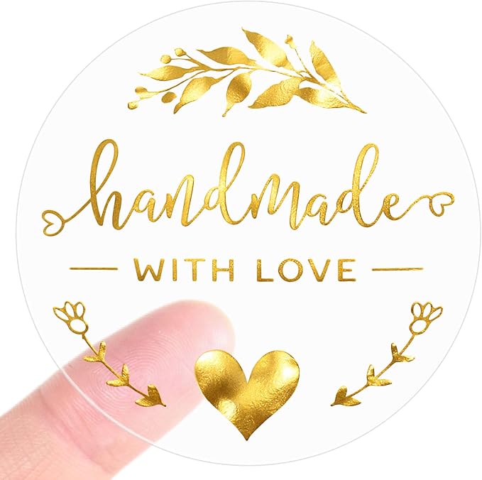 Handmade with Love Stickers 100 Pcs, Gold Foil Transparent Labels for Small Business Packaging, 1.6 Inch Round Thank You Stickers for Gift Wrap, Bakery Boxes, Envelopes (Gold Foil)