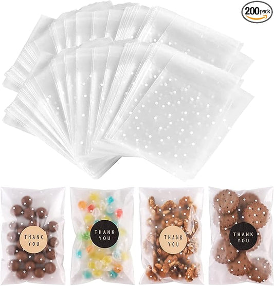 NPLUX 200PACK Self Sealing Cellophane Treat Bags Clear Cookie Bags for Gift Giving with Stickers, Party Favor, Graduation Gift Bags(White Polka Dot, 4X6INCH)