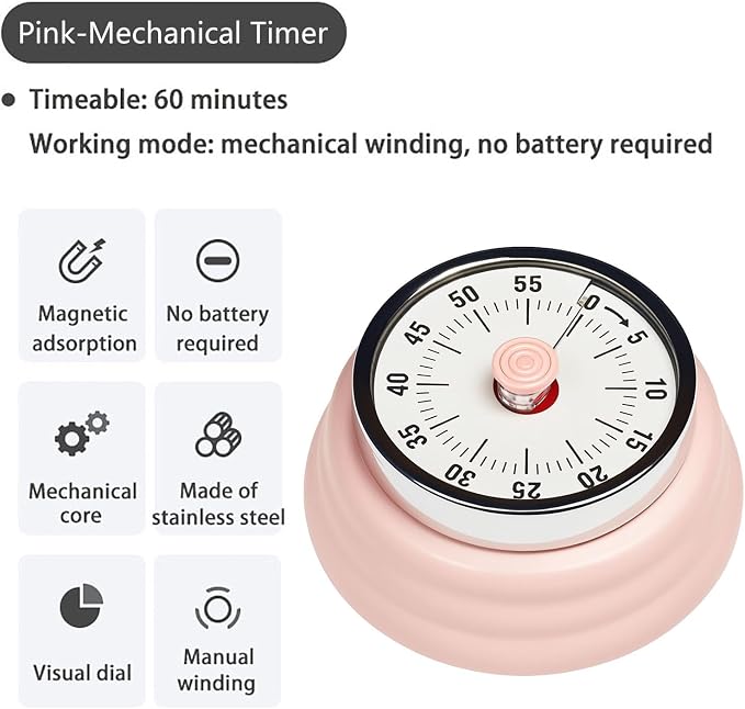 Elegant Stainless Steel Vintage Kitchen Timer with Magnetic Attachment - 60-Minute Countdown & Audible Alarm, Perfect for Cooking, Office Tasks, and Study Sessions (01-Pink)