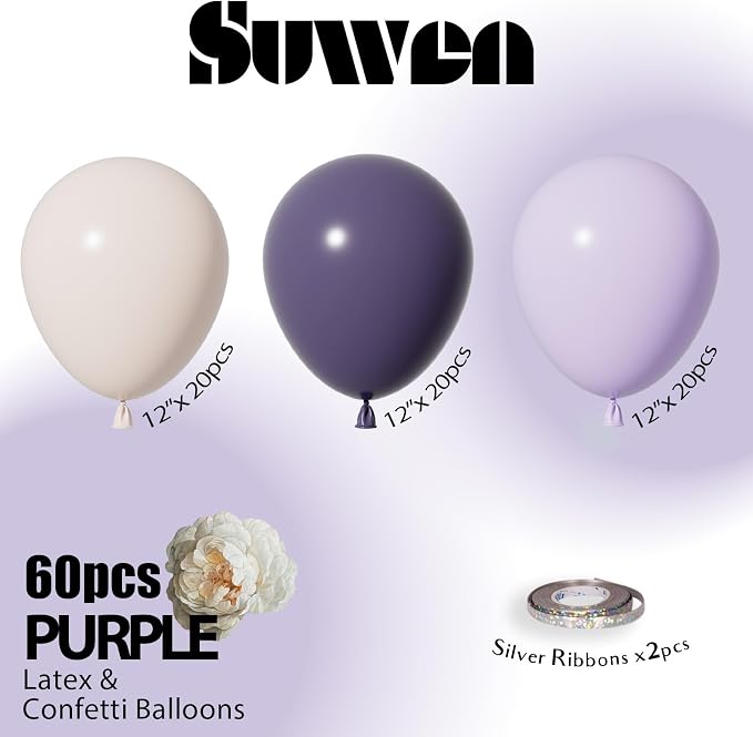 SUWEN Purple Balloons 60Pcs,12 inch Dark Light Lavender Purple and Sand White Latex Balloons for Birthday Weddding Bridal Shower Party Decorations