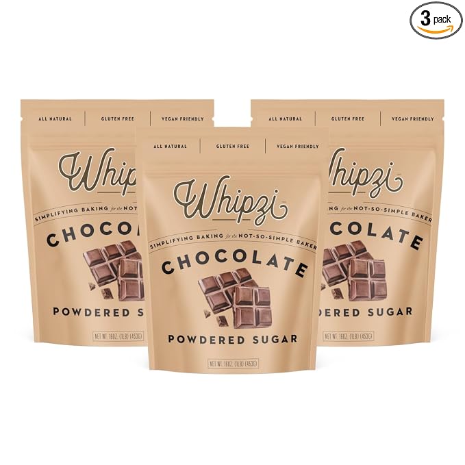 Whipzi Chocolate Flavored Powdered Sugar - Confectioners Sugar for Baking, Frosting, Royal Icing, Glazes, Coffee & Desserts - 1:1 Powdered Sugar Replacement - Gluten Free, Vegan Baking Sugar - 3 Pack