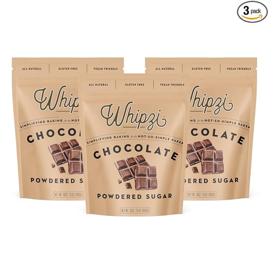 Whipzi Chocolate Flavored Powdered Sugar - Confectioners Sugar for Baking, Frosting, Royal Icing, Glazes, Coffee & Desserts - 1:1 Powdered Sugar Replacement - Gluten Free, Vegan Baking Sugar - 3 Pack