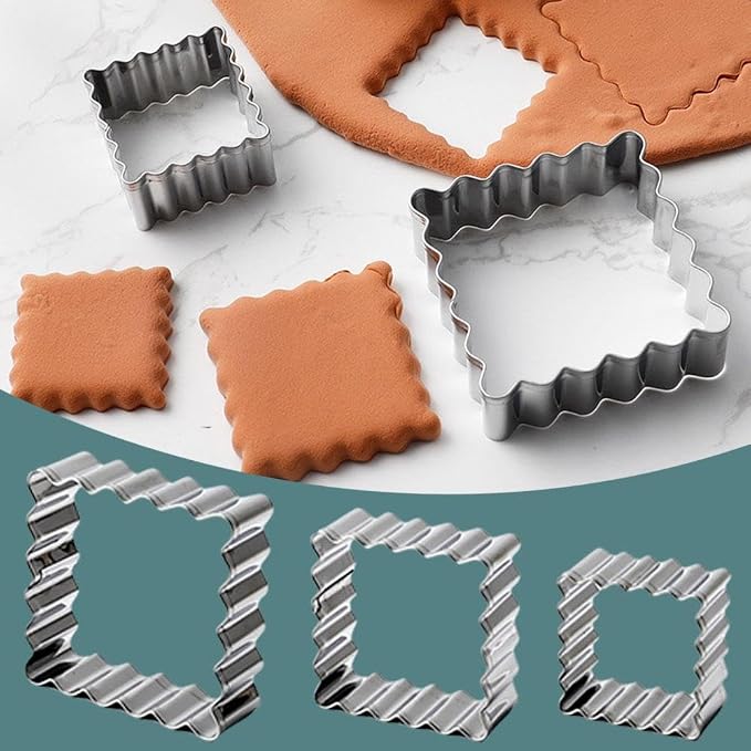 3Pcs Rectangle Scalloped Edge Cookie Cutter Set, Stainless Steel Rectangle Biscuit Molds Rectangle Pastry Fluted Edge Cutters for Homemade Baking, Assorted Sizes - 1.7 Inch,2.1 Inch,2.5 Inch