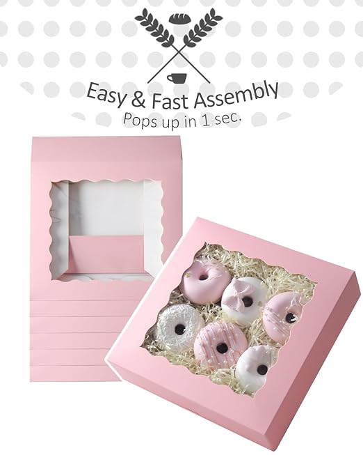 qiqee 10"x 10"x 2.5" Pink Pie Boxes with Window 120Packs Cookie Donut Bakery Box (Auto-pop Up)
