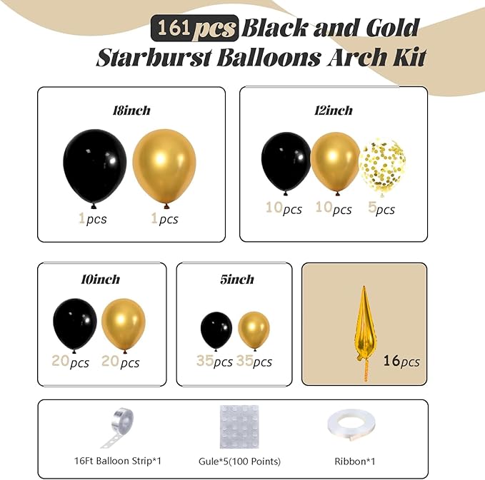 Bonropin 161pcs Black and Gold Balloons Garland Arch Kit with Explosion Star Balloons, 5/10/12/18in Black Gold Confetti Latex Balloons for Anniversary Birthday Party 2025 Graduation Decorations