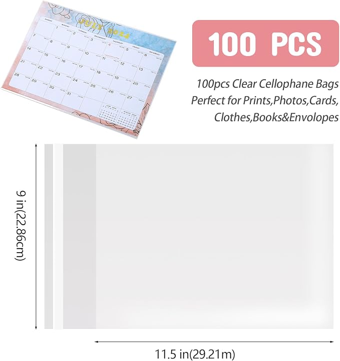 Clear 100 Pcs Cellophane Bags 9.5" x 11.5" Self Seal Cello Cellophane Bags Adhensive Plastic Bag for Fits A4,Clothing, Decorative Wrappers, Party Favors, Artwork and Small Business Package