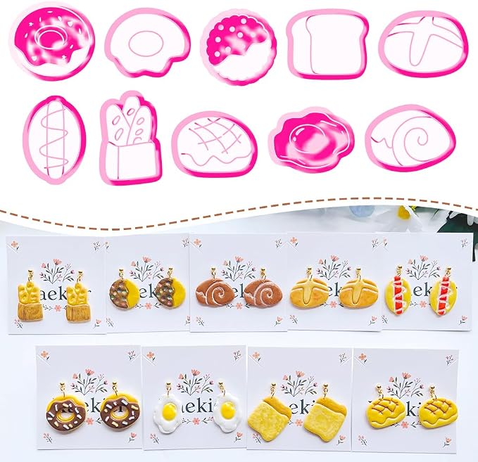 Bakery and Breakfast Polymer Clay Cutters Set - 10pcs Realistic Food Shapes Including Donut, Baguette & Pastry for DIY Earring Jewelry, Soft Clay Crafts, Scrapbooking & Miniature Food Decor