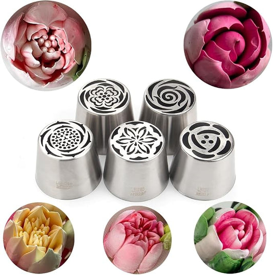5 Pieces Stainless Steel Extra Large Russian Piping Tips Set,Flower Icing Nozzles with 1 Cleaning Brush for Making Marshmallows,Cupcakes Bouquet,Cream Baking Tools