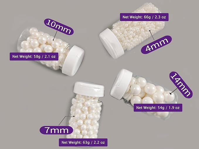 Edible White Pearl Sugar Sprinkles,4,7,10,14mm Candy Pearls Ideal for Baking, Cake and Cupcake Toppers, Cookie Decoration, Ice Cream Topping, Wedding Shower Valentines Halloween Christmas, 8.5 oz