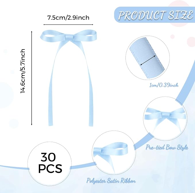 30 Pack Bow Cake Toppers Light Blue Ribbon Bows for Cake Baby Blue Bow Birthday Decorations for Baby Shower, Wedding, Bachelorette, Summer Pool Party Decorations