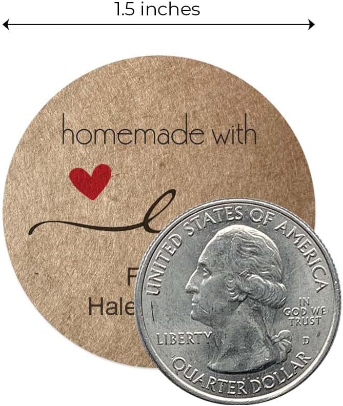 Personalized 1.5" Round Brown Kraft Homemade with Love Stickers / 500 Custom Circle Made with Love Canning Labels Roll/Made in The USA