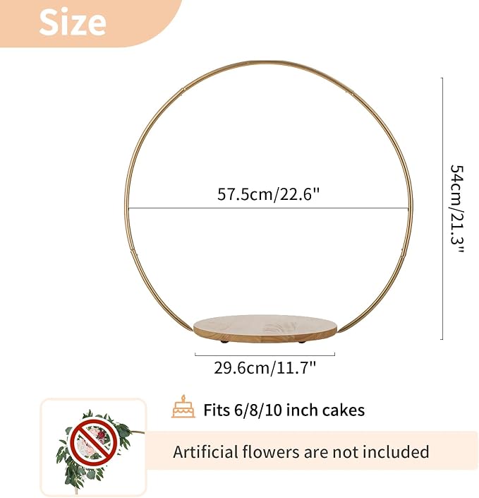 NUPTIO Wedding Cake Stand Gold: 11.7 Inch Cupcake Flower Display Pedestal Wood Table Arch Stands with Base Metal Round Floral Hoop Centerpiece Decor for Birthday Party Christmas Festival Baby Shower