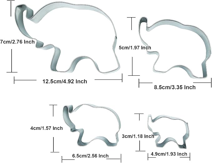 Elephant Cookie Cutters Set,4 PCS Set Elephant Shaped Stainless Steel Molds for Cookies,Biscuit,Vegetable,Fruit,Baking Pastries Doughs