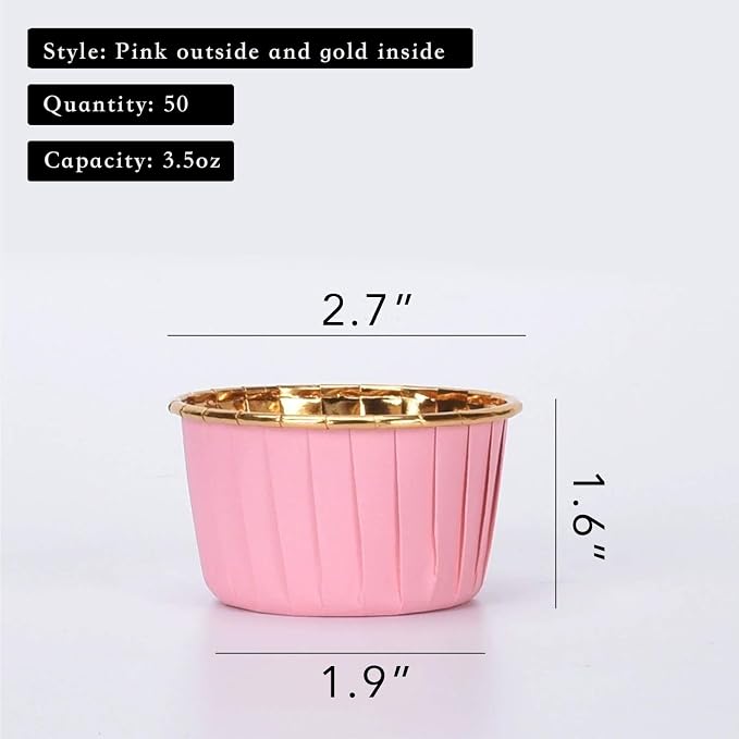 Party Hippo Cupcake Cups, 3.5 Oz 100 pcs Disposable Foil Muffin Liners, Gold Baking Cups, Ramekin Aluminum Cupcake Tip Pan Ramekin Holders, Little Baking Cups (100, Pink)