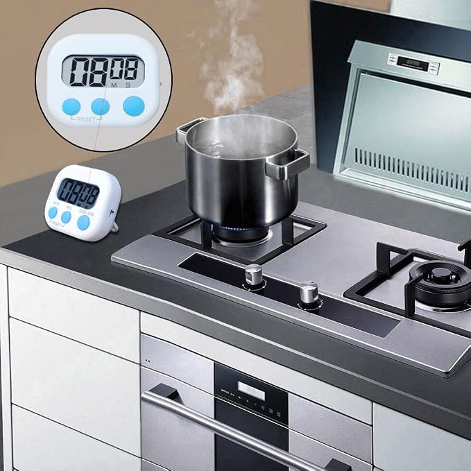 Digital Kitchen Timer, BESTWYA Electronic Timer with Clear LCD Screen Count Up and Down Function 3 Big Buttons On/Off Switch Button for Kitchen, Study, Work, Exercise Training (6, White)