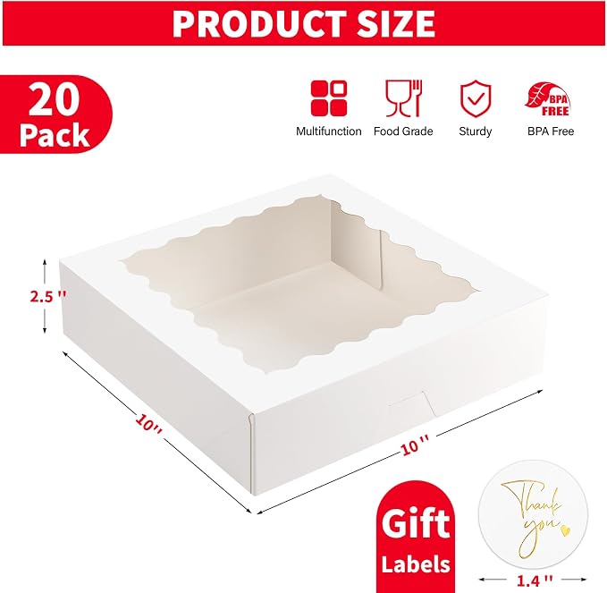 Ocmoiy 20 Pack Pie Boxes, 10 x 10 x 2.5 Inches Bakery Boxes with Window, Auto-Popup Cookie Treat Boxes for Chocolate Strawberries, Pastries, Muffins, Donuts, Breakable Heart