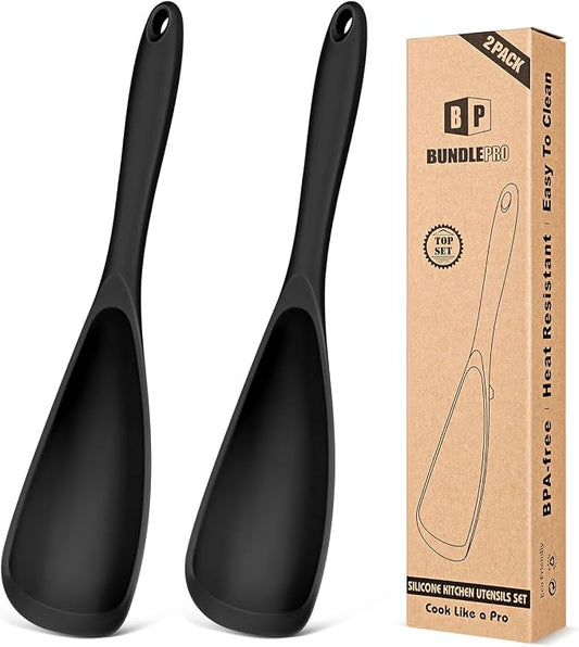 Pack of 2 Cooking Spoons for Non Stick Cookware, Multifunction Spatula Spoon BPA-Free, One-Piece Design, Suitable for Scooping, Scraping, Serving and Mixing (BLACK-BLACK)