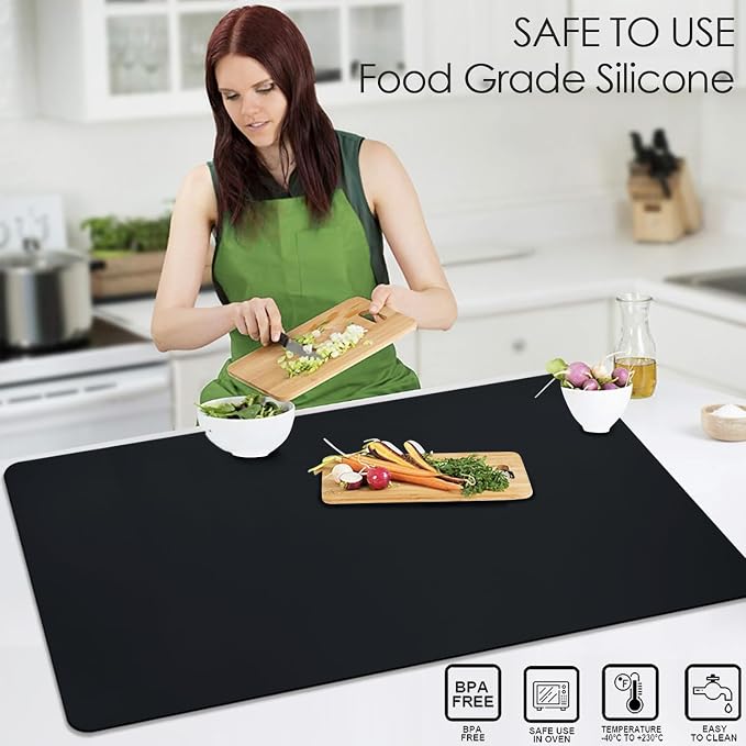 Extra Large Silicone Mat, 31.5x17 Inch Heat Resistant Mat for Kitchen Counter, Non Stick Silicone Baking Mat for Dough and Pastry, Thick Silicone placement Countertop Protector, Black countertop mat