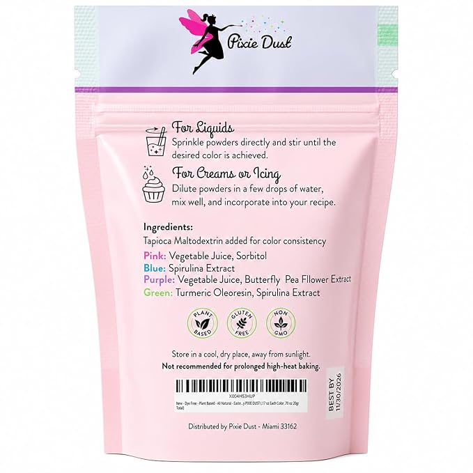 All-Natural Food Coloring Powders Pastel Set - Pink, Purple, Blue & Green. | Perfect for cake decorating, cookie frosting, icing & drinks | Dye-Free, Plant-Based, Flavorless, Kosher | No-Carmine, No annatto, No Propylene Glycol | By PIXIE DUST | Medium...