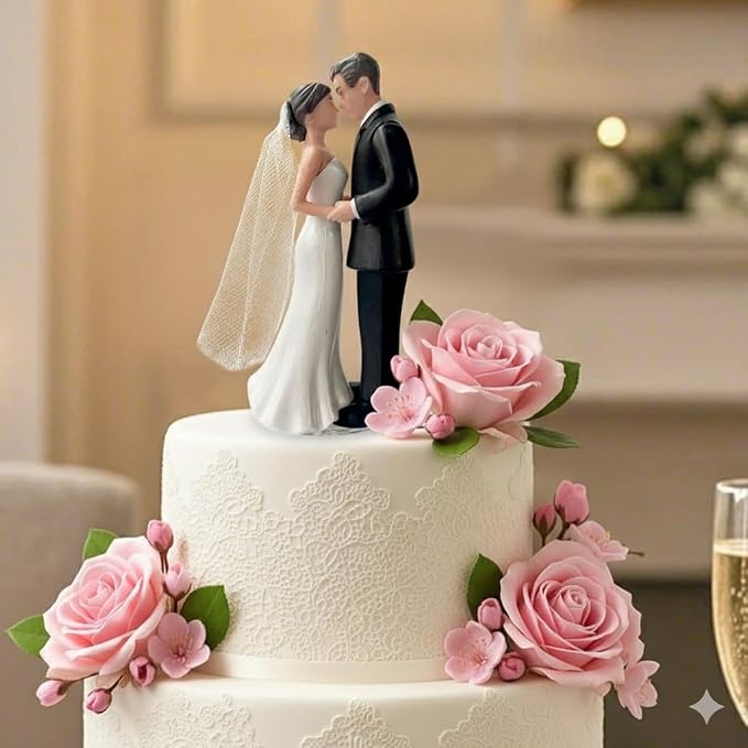 Wedding Cake Topper Bride and Groom Figurine with Veil, Classic Couple Cake Decoration for Wedding, Engagement, Bridal Shower Party(Black)