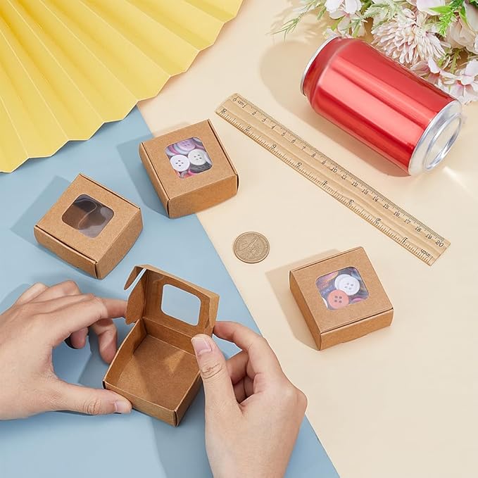 BENECREAT 60 Pack Square Clear Window Box, Brown Kraft Paper Container Party Favor Packaging Boxes, 2x2x1inch Foldable Design with Visible PVC Window for Wedding Treats & Crafts