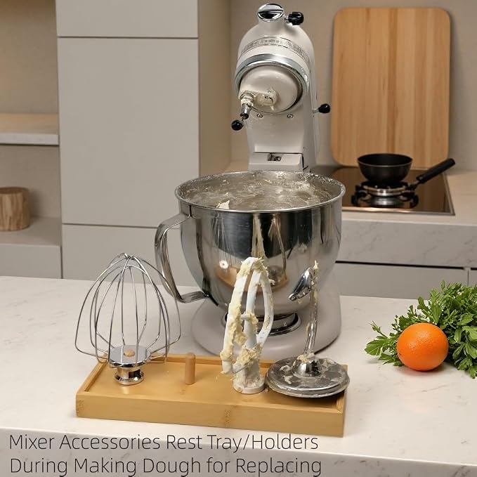 4 Stations Stand Mixer Attachment Holders for KitchenAid Mixer Accessories | As resting spot while switching attachments during dough mixing, Air dry tray after washing, Bamboo nature tray with 4 pegs