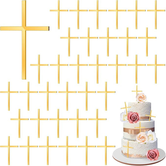 36pcs Baptism Cake Toppers Acrylic Cross Cupcake Toppers Gold Crossing Cake Charm for Baby Shower Birthday Wedding Party Christian Decorations