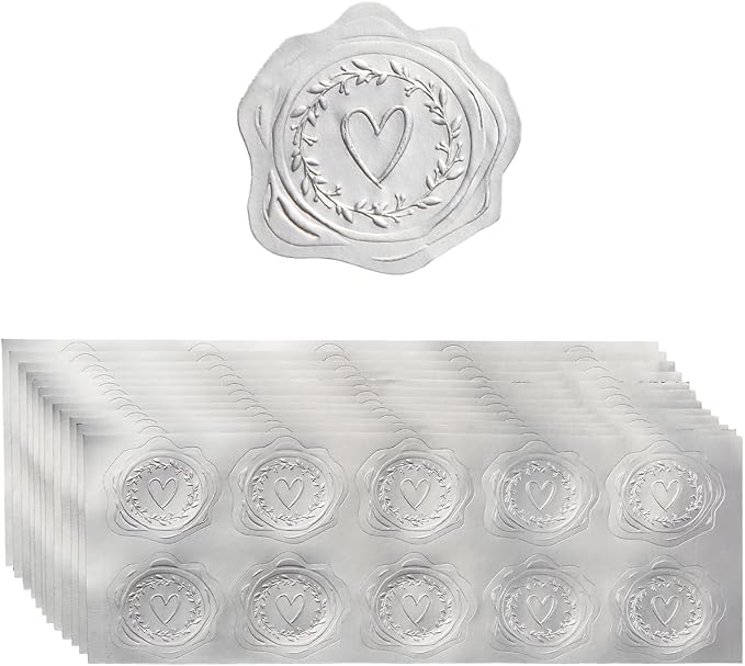 300 Pieces Embossed Gold Foil Stickers, Silvery Heart-Love | For Envelopes, Wedding Invitations, Christmas Greeting Cards