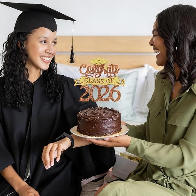 Glitter Class of 2026 Cake Topper，Congrats Grad Decorations， 2026 Happy Graduation High School/College/University Graduation Party Supplies Brown and Gold