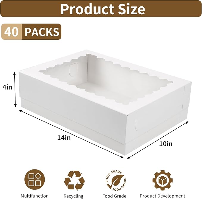 Moretoes 40pcs 14x10x4in Sheet Cake Boxes, Quarter Sheet Bakery Boxes with Window, for Pastry Baking Cake, Cupcakes, Donuts, Cookies, Pie Treat Packaging, White Large
