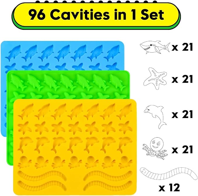 Gummy Molds Hard Candy Molds - Candy Molds Silicone Including Worms, Starfishs, Dolphins, Octopus, Sharks Sea Mold, Pack of 3 Ocean Molds