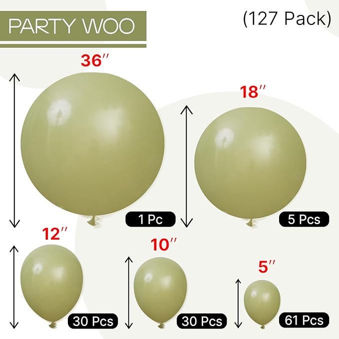 PartyWoo Sage Green Balloons 127pcs Different Sizes of 36 18 12 10 5 Inch Olive Boho Green Latex Balloon Arch Kit for Wedding Birthday Dinosaur Jungle Golf Football Theme Party Decorations Green-F11