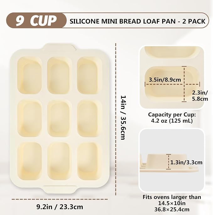 Nonstick Silicone Mini Loaf Pans: 9-Cavity Small Banana Bread Loaf Pans for Baking Cornbread with Metal Frame - Mini Meatloaf Tin for Oven - Brownie Tray for Baker Baking Lover (Beige & Mint Green)