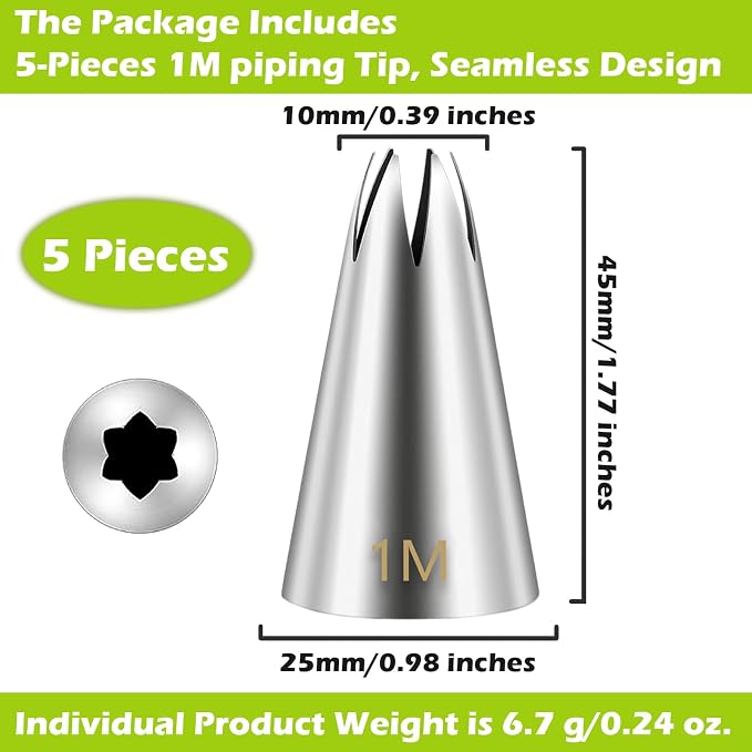 Suuker 1M Piping Tips, Stainless Steel Large Star, 5 Pieces | Seamless, Cupcake Pastry Tips, Cookie and Cake Decorating, DIY Cream