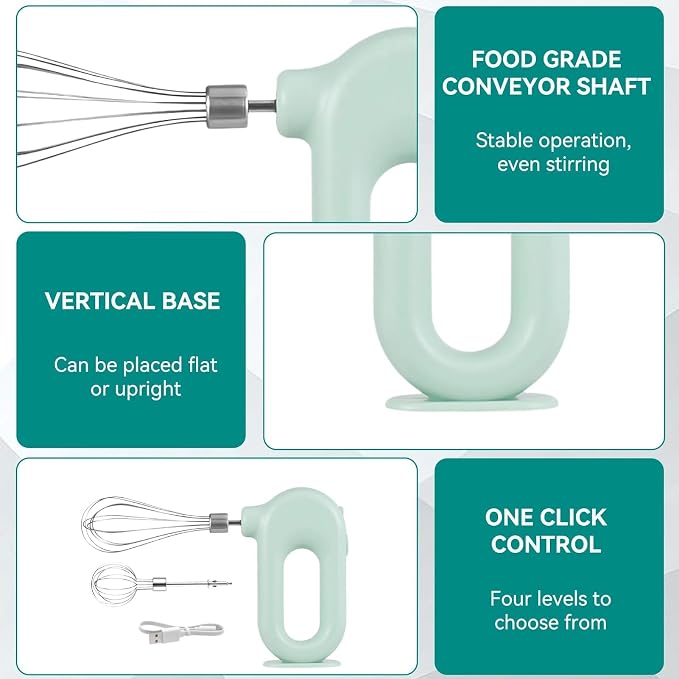 4 Speed Electric Hand Mixer, Electric Hand Mixer Whisk Wireless Rechargeable Handheld Egg Beater Adjustable Cordless Electric Whisk Hand Mixer 1500mAh Small Portable Handheld Mixer (Green)