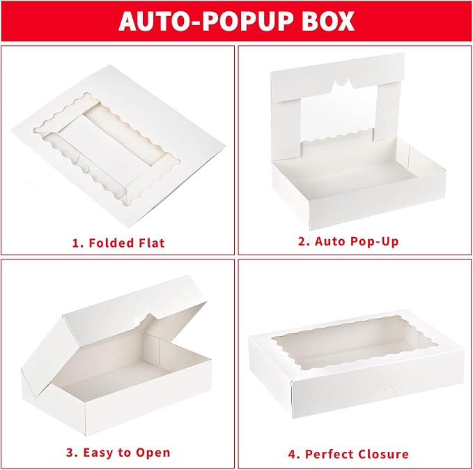 Ocmoiy 20 Pack Bakery Boxes, 12x8x2.5 Inch Cookie Boxes with Window, Auto-Popup Treat Box for Chocolate Covered Strawberries, Pastries, Donuts, Muffins, Breakable Hearts