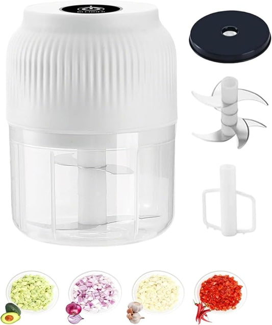 Household Electric Garlic Crusher - 350ML Portable Mini Food Processor, Rechargeable Vegetable Chopper, with 6 Stainless Steel Blades, for Garlic, Onion, Ginger, Chili (4 Blades White with Egg Beater)