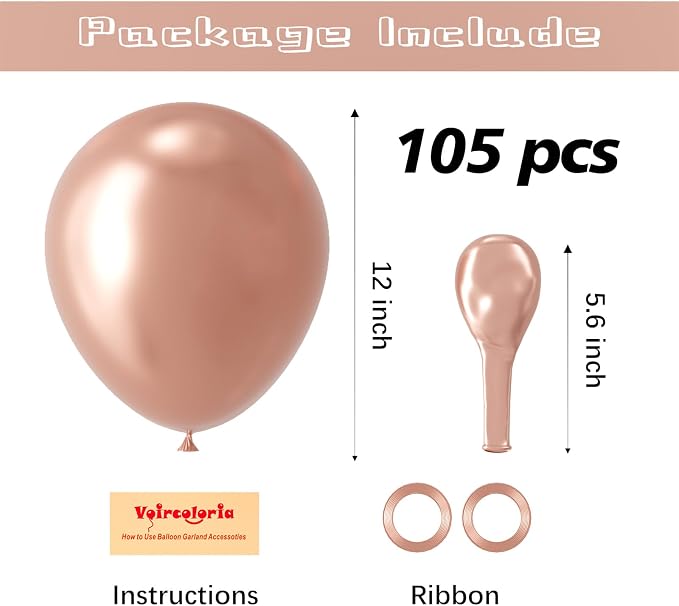 Voircoloria 105pcs Metallic Rose Gold Balloons 12inch Chrome Rose Gold Balloons for Boys Girls Birthday Baby Shower Gender Reveal Wedding Decorations