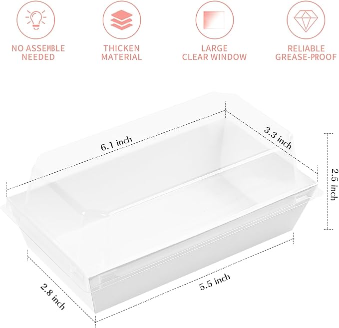 Ocmoiy Small Charcuterie Boxes with Clear Lids, 6x3 Inches, 50 Pack, White | To Go Paper Sandwich Containers, Disposable Bakery Treat Boxes, For 2 Cupcakes, Dessert, Muffin, Hot Cocoa Bomb, Strawberries