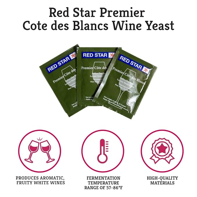 Craft A Brew - Red Star Premier Cote des Blancs Wine Yeast - Dry Wine Yeast - For Fruity & Aromatic White Wines, Hard Ciders - Ingredients for Home Fermenting - Wine Making Supplies - 15 Pack