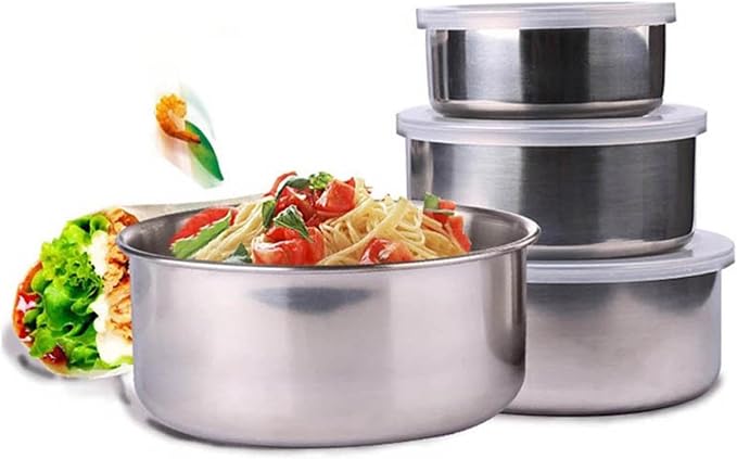 Stainless Steel Mixing Bowl Set of 5, Nesting Mixing Bowl with Clear Plastic Lid, Rice Soup Bowls Durable & Reusable, Food Container for Prepping Serving Storing