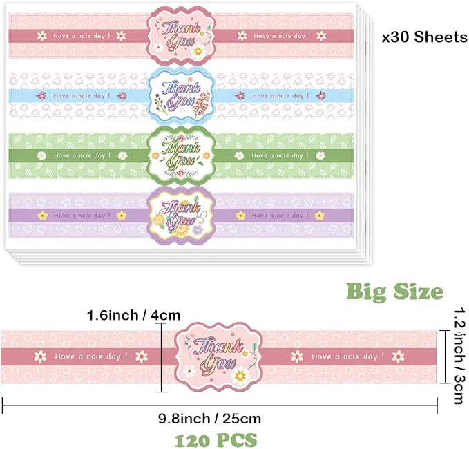 9.8 Inch Long Thank You Stickers 120 Pcs Huge Have A Nice Day Self-Adhesive Sealing Baking Labels Handmade Food Tamper-Proof Bakery Sticker for Baked Goods Packaging (Thank You)