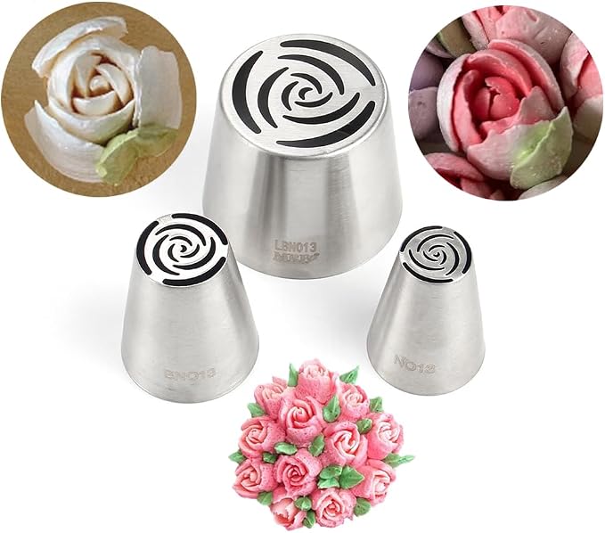 3 Pieces Different Sizes Stainless Steel Russian Rose Flower Icing Nozzles Set for Cake Decorations,1 XXL Russian Tip,1 Medium Tip,1 Small Piping Tip,Pastry Cupcakes Buttercream Baking Tools
