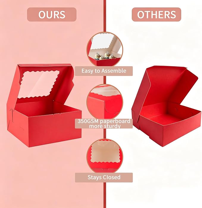 16pcs 10x10x5 Inches Cake Boxes,8pcs Red cake Box and 8pcs Boards,Cajas Pasteles for Disposable 10 inch Cake box with Window (Red, 10 * 10 * 5inch/16pcs)