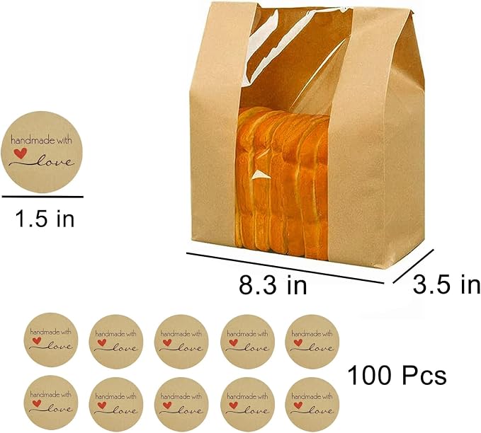 50 Pack Paper Bread Bags for Homemade Bread Large Loaf Bag with Clear Front Window 14" x 8.3" x 3.5" 100pcs Homemade with Love sticker, Food Packaging Storage Popcorn Cookie Treat Bakery Bag